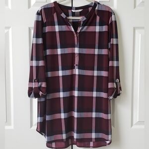 Nygard High-Low Henley Tunic – XL – Burgundy Plaid